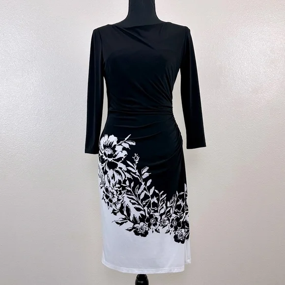 Lauren Ralph Lauren Black and White Side Ruched Dress Women's Size 4P - Picture 3 of 14